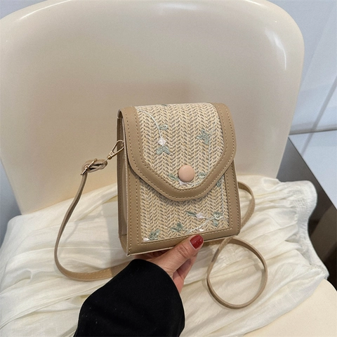 Piccola Borsa A Tracolla Da Donna Per Cellulare Paglia Pelle PU Intrecciata Ricamo Floreale Vintage Pastorale Mini Quadrata