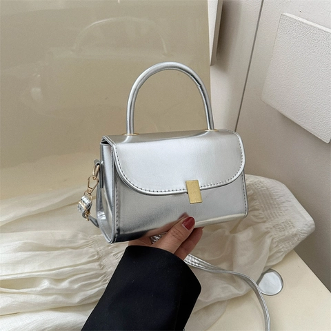Women Mini Crossbody Bag Metallic PU Leather Square Underarm Bag With Top Handle Fashionable Versatile Elegant