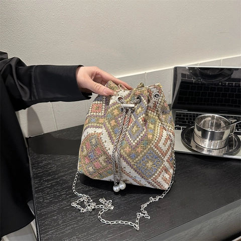 Gewebte Beuteltasche Böhmisch Ethnisch Geometrisches Muster Canvas Umhängetasche Mit Künstliche Perle Metallkette Für Frauen Vielseitig Mini