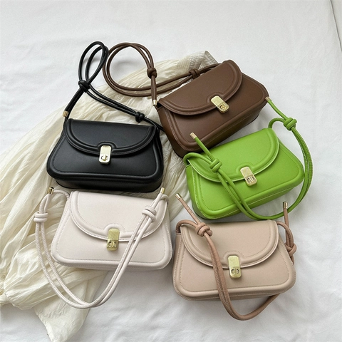 Vintage Mini Crossbody Bag PU Leather Knotted Strap Flap Saddle Shoulder Bag For Women Gold Twist Lock Retro Niche Design