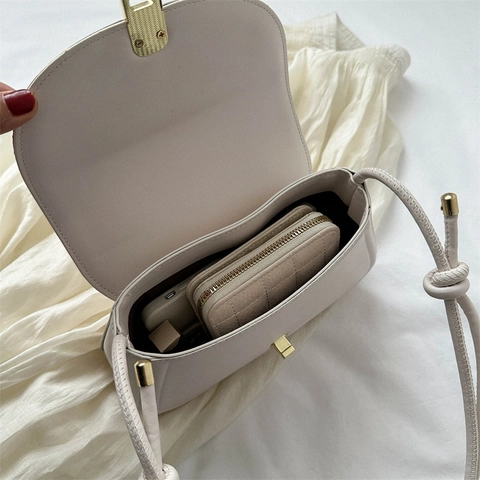 Vintage Mini Crossbody Bag PU Leather Knotted Strap Flap Saddle Shoulder Bag For Women Gold Twist Lock Retro Niche Design