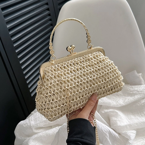 Sac Bandoulière en Paille Tissée Vintage pour Femmes Fait Main Poignée en Métal Fleurs Fermoir Kiss-Lock Chaîne Petit Sac à Main