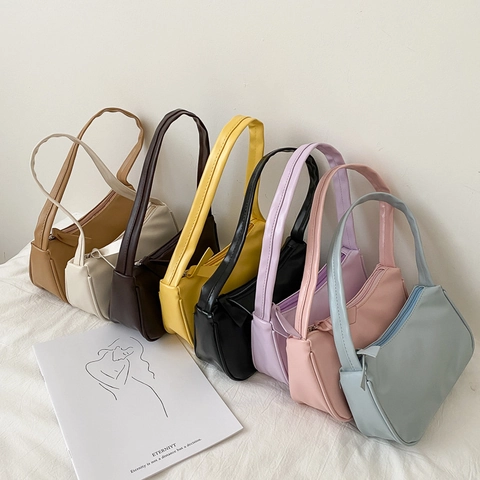 Minimalist PU Leather Baguette Underarm Bag For Women Korean Style Solid Color Small Shoulder Handbag Daily Versatile