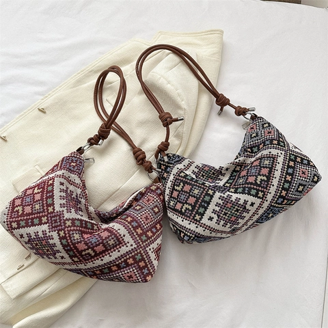 Damen Ethno Gewebte Schultertasche Retro Boho Geometrisches Muster Hobo Unterachseltasche Brauner Geknoteter Riemen Vintage