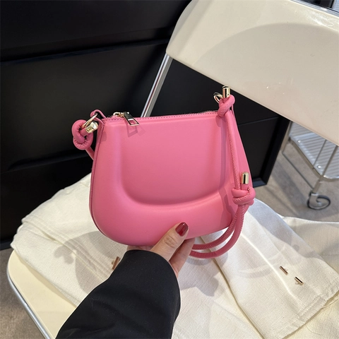 Women Puffy Shoulder Bag Knotted Strap PU Leather Half Moon Underarm Crossbody Purse Minimalist Trendy Summer Aesthetic