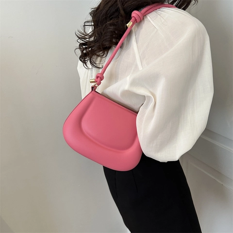 Women Puffy Shoulder Bag Knotted Strap PU Leather Half Moon Underarm Crossbody Purse Minimalist Trendy Summer Aesthetic