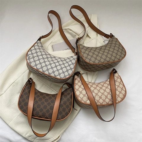 Borsa Hobo Vintage Monogramma Donna Pelle PU Mezzaluna Borsa A Spalla Sottobraccio Motivo Geometrico Retrò Moda Pendolare