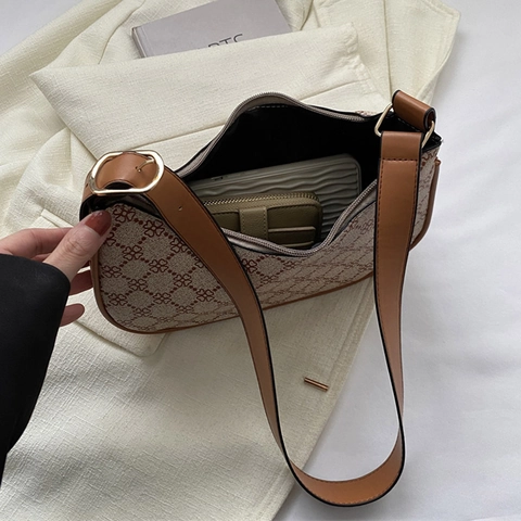 Borsa Hobo Vintage Monogramma Donna Pelle PU Mezzaluna Borsa A Spalla Sottobraccio Motivo Geometrico Retrò Moda Pendolare