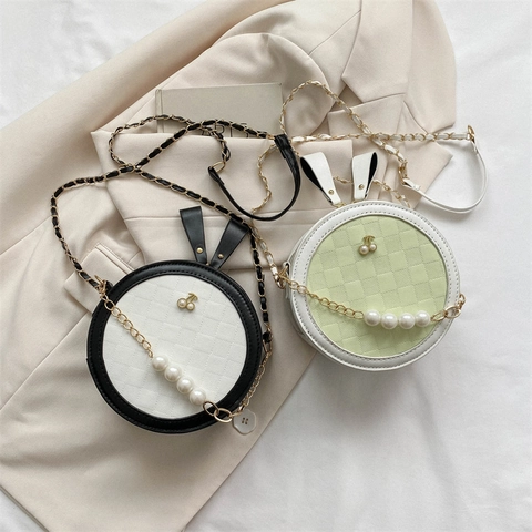 Borsa Tracolla Rotonda Donna Pelle PU Catena Künstliche Perle Ciliegia Ciondolo Motivo A Scacchi Elegante Borsa A Spalla