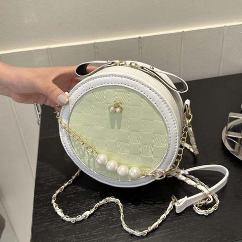 Borsa Tracolla Rotonda Donna Pelle PU Catena Künstliche Perle Ciliegia Ciondolo Motivo A Scacchi Elegante Borsa A Spalla