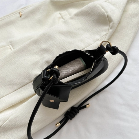 Women PU Leather Crescent Hobo Bag Knot Detail Shoulder Handbag With Mini Pendant Pouch Zipper Closure Solid Color
