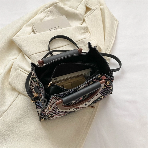 Ethnische Gewebte Umhängetasche Geometrische Jacquard Handtasche Mit Holzgriff Retro Boho Quadratische Umhängetasche Damen