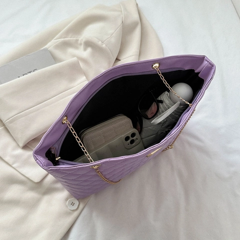 Borsa Tote Trapuntata Donna Grande Capacità Pelle PU Motivo Diamante Catena Dorata Borsa A Spalla Versatile Elegante