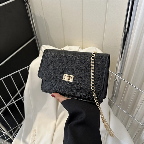 Women Shoulder Bag PU Leather Diamond Quilted Lychee Texture Crossbody Small Square Bag Gold Chain Metal Lock Trendy Casual