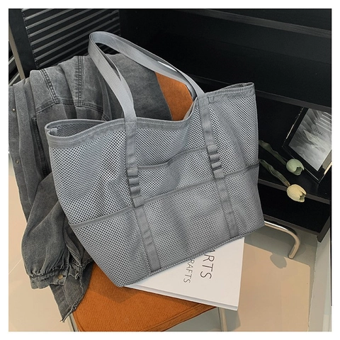 Sac Cabas En Maille De Nylon Grande Capacité Multi Poches Sac À Épaule Respirant Léger Pour Plage Voyage Fitness
