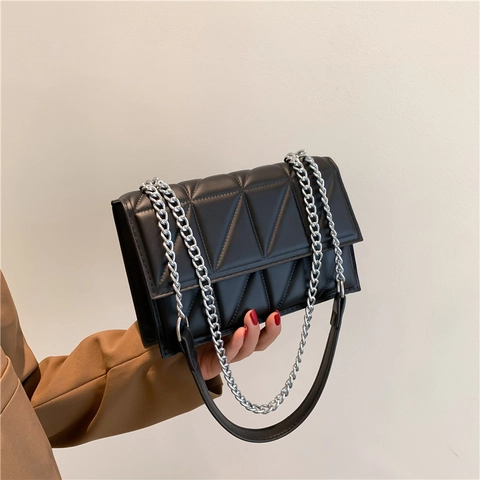 Women Geometric Quilted Crossbody Bag PU Leather Triangle Pattern Silver Chain Small Square Shoulder Bag Trendy Flip Cover