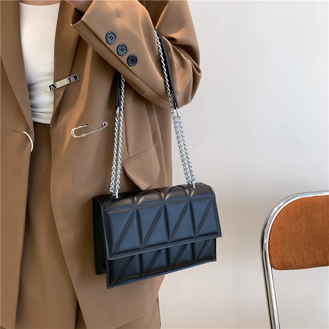 Women Geometric Quilted Crossbody Bag PU Leather Triangle Pattern Silver Chain Small Square Shoulder Bag Trendy Flip Cover