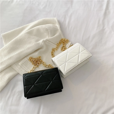 Damen Umhängetasche Rautensteppung PU Leder Geometrisch Goldene Kette Kleine Quadratische Tasche Klappe Trendy