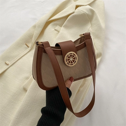 Vintage Quilted PU Leather Underarm Bag Fashion Rhombus Pattern Shoulder Bag With Ship Wheel Buckle For Women Small Square Bag