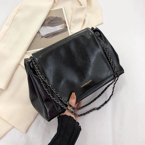 Women Crossbody Bag Glossy PU Leather Large Capacity Metal Chain Strap Retro Flap Solid Color Commuting Fashion