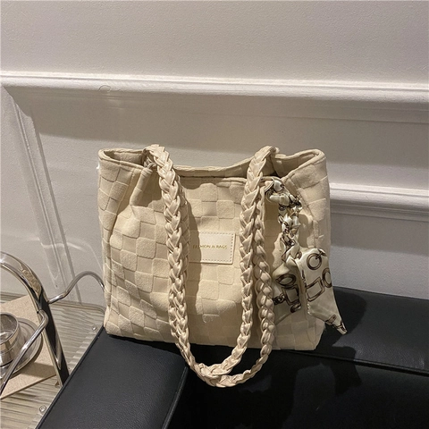 Damen Gewebte Tragetasche Schachbrettmuster Geflochtener Griff Schultertasche Mit Dekorativem Satinnschal Lässig