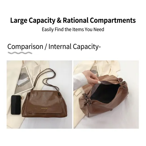 Women Crossbody Bag Glossy PU Leather Large Capacity Metal Chain Strap Retro Flap Solid Color Commuting Fashion
