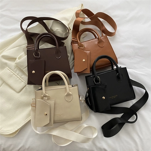 Vintage PU Leren Crossbody Handtas Voor Dames Minimalistische Vierkante Tas Met Kleine Pouch Brede Band