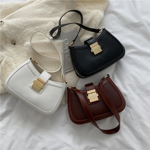 Bolso de Axila de Cuero PU Retro para Mujer Bolso Bandolera Cuadrado Pequeño Minimalista Con Hebilla de Metal Dorado Color Sólido