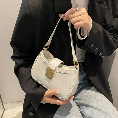 Bolso de Axila de Cuero PU Retro para Mujer Bolso Bandolera Cuadrado Pequeño Minimalista Con Hebilla de Metal Dorado Color Sólido