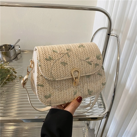 Vintage Women Straw Woven Shoulder Bag Floral Embroidery Horseshoe Metal Buckle Small Square Crossbody Bag Vacation Purse