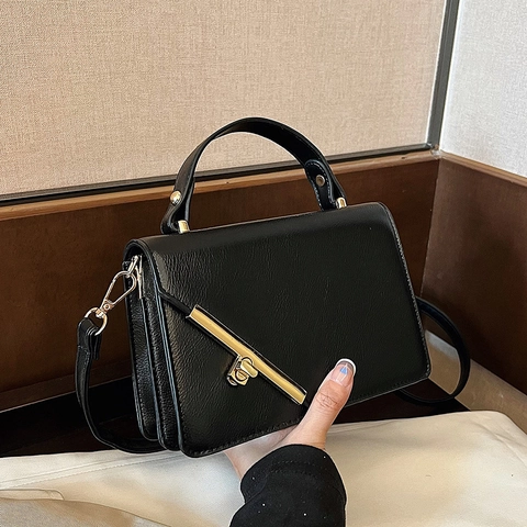 Women Crossbody Bag PU Leather Litchi Pattern Golden Metal Lock Handbag Solid Color Retro Elegant Small Square Bag