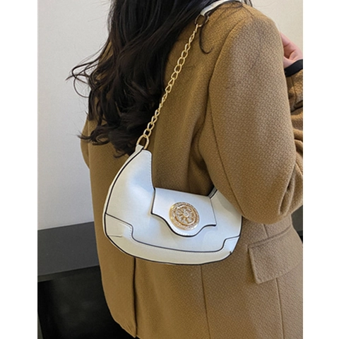 Vintage Crescent Hobo Bag PU Leather Gold Chain Round Decorative Buckle Magnetic Flip Minimalist Shoulder Bag For Women