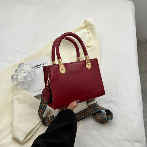 Vintage PU Leather Crossbody Bag For Women With Woven Handle And Detachable Ethnic Pattern Wide Strap Small Square Bag