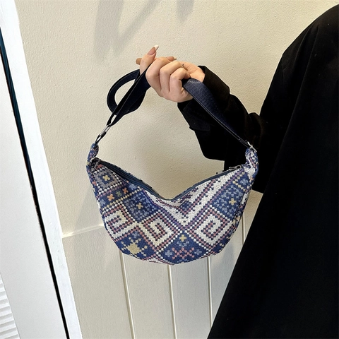 Ethno Stil Gewebte Umhängetasche Halbmond Form Geometrisches Jacquard Gewebe Nylon Verstellbarer Riemen Für Damen Lässig Täglich