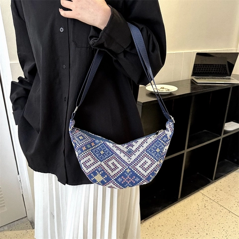 Ethno Stil Gewebte Umhängetasche Halbmond Form Geometrisches Jacquard Gewebe Nylon Verstellbarer Riemen Für Damen Lässig Täglich