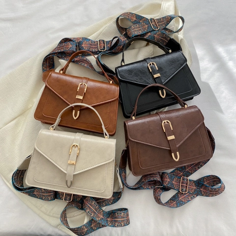 PU Leather Women Small Square Bag With Polyester Lining Wide Bohemian Strap Top Handle Shoulder Crossbody Messenger Purse