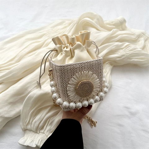 Borsa A Tracolla In Paglia Da Donna Con Manico In Künstliche Perle Decorazione Margherita Chiusura Con Coulisse Borsa Da Spiaggia