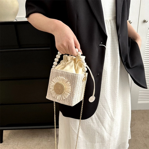 Borsa A Tracolla In Paglia Da Donna Con Manico In Künstliche Perle Decorazione Margherita Chiusura Con Coulisse Borsa Da Spiaggia
