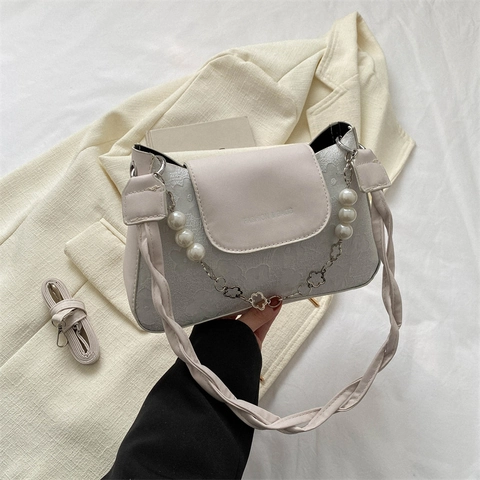 Bolso de Hombro con Relieve Floral para Mujer Cuero PU Bolso de Axila Con Cadena de Perlas Flor Correa Trenzada Elegante Diario