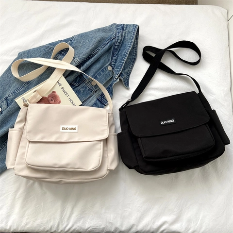 Borsa Messenger Tracolla Grande Capacità Nylon Tela Casual Design Con Patta Tasche Laterali Borsa A Spalla Quotidiana Per Donne