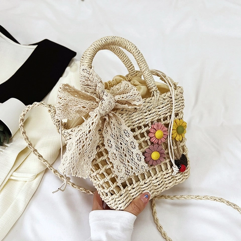 Stroh Eimer Tasche Damen Sommerurlaub Handtasche Mit Spitze Schleife Blumen Dekor Kordelzug Schulter Umhängetasche