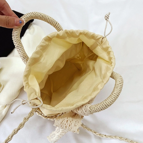 Stroh Eimer Tasche Damen Sommerurlaub Handtasche Mit Spitze Schleife Blumen Dekor Kordelzug Schulter Umhängetasche