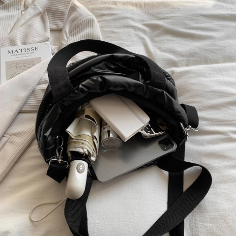 Gesteppte Wattierte Umhängetasche Schwarz Große Kapazität Nylon Daunen Tote Handtasche Mode Lässig Reisen Damen