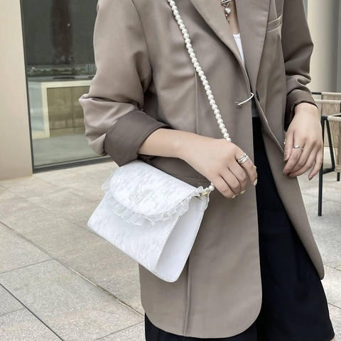 Elegante Damen Spitzen Umhängetasche Mit Künstliche Perlenkette Schmetterling Dekor Rüschenkante Vintage Nischen Schultertasche