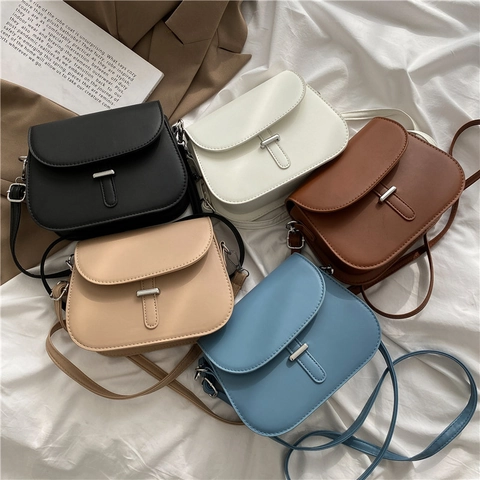 Damen Satteltasche Umhängetasche PU Leder Retro Einfache Runde Klappe Mit Metallschnalle Verstellbarer Riemen Handtasche