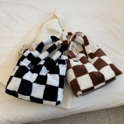 Borsa Tote In Peluche A Scacchi Borsa A Mano In Ecopelliccia Morbida Con Fibbia Magnetica Grande Capacità