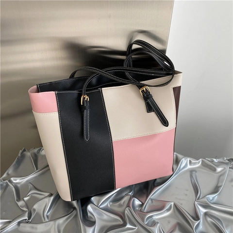 Borsa Tote In Pelle PU Patchwork Grande Capacità Borsa A Spalla Con Cuciture A Contrasto E Fibbia Dorata Per Donna