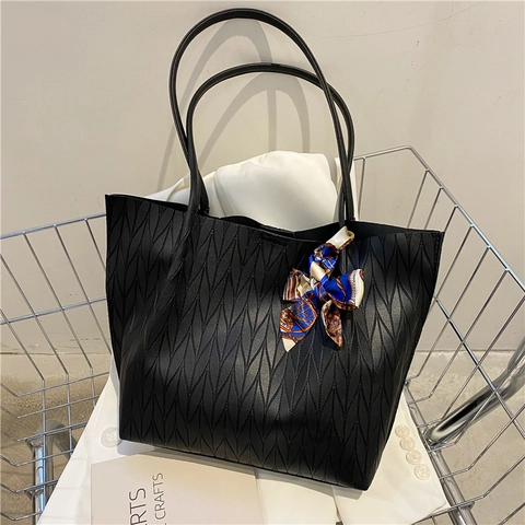 Borsa Tote In Pelle PU Goffrata Testurizzata Borsa A Mano Di Grande Capacità Con Decorazione Foulard In Raso Per Donna Borsa A Spalla