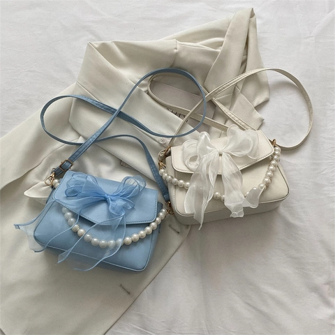 Women Small Crossbody Bag PU Leather With Mesh Bow Decoration And Artificial Pearl Handle Elegant Sweet Shoulder Handbag
