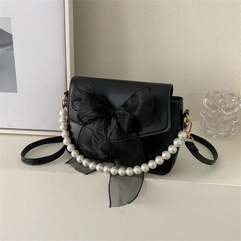 Women Small Crossbody Bag PU Leather With Mesh Bow Decoration And Artificial Pearl Handle Elegant Sweet Shoulder Handbag